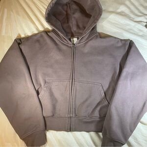 Tna Aritzia Cozy Fleece Cropped Boyfriend Fit Brown Zip Up Hoodie